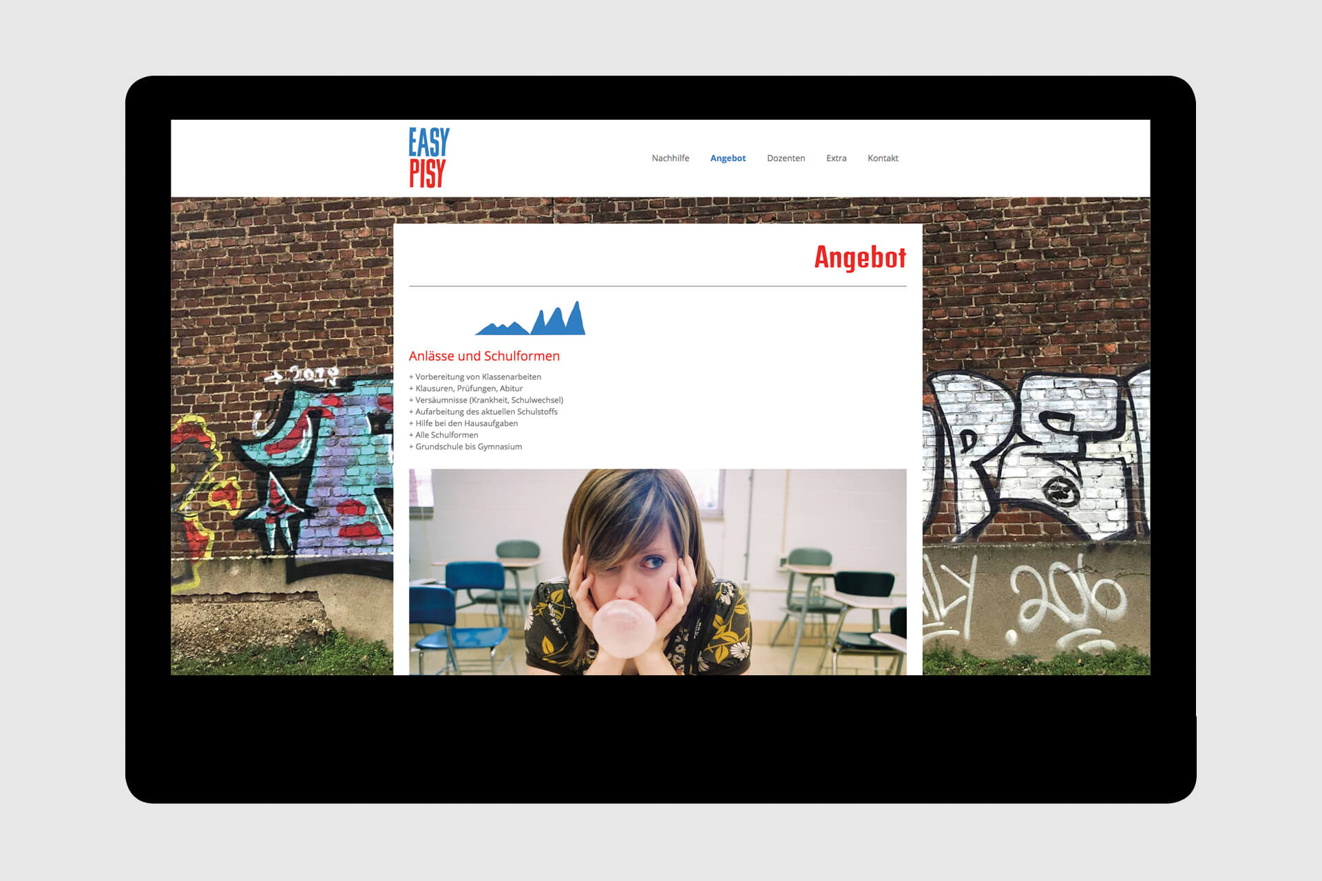 Website: Unterseite mit Easy-Pisy-Logo, Graffity-Hintergrundbild, Infotext, Icons, Foto eines Mädchens.