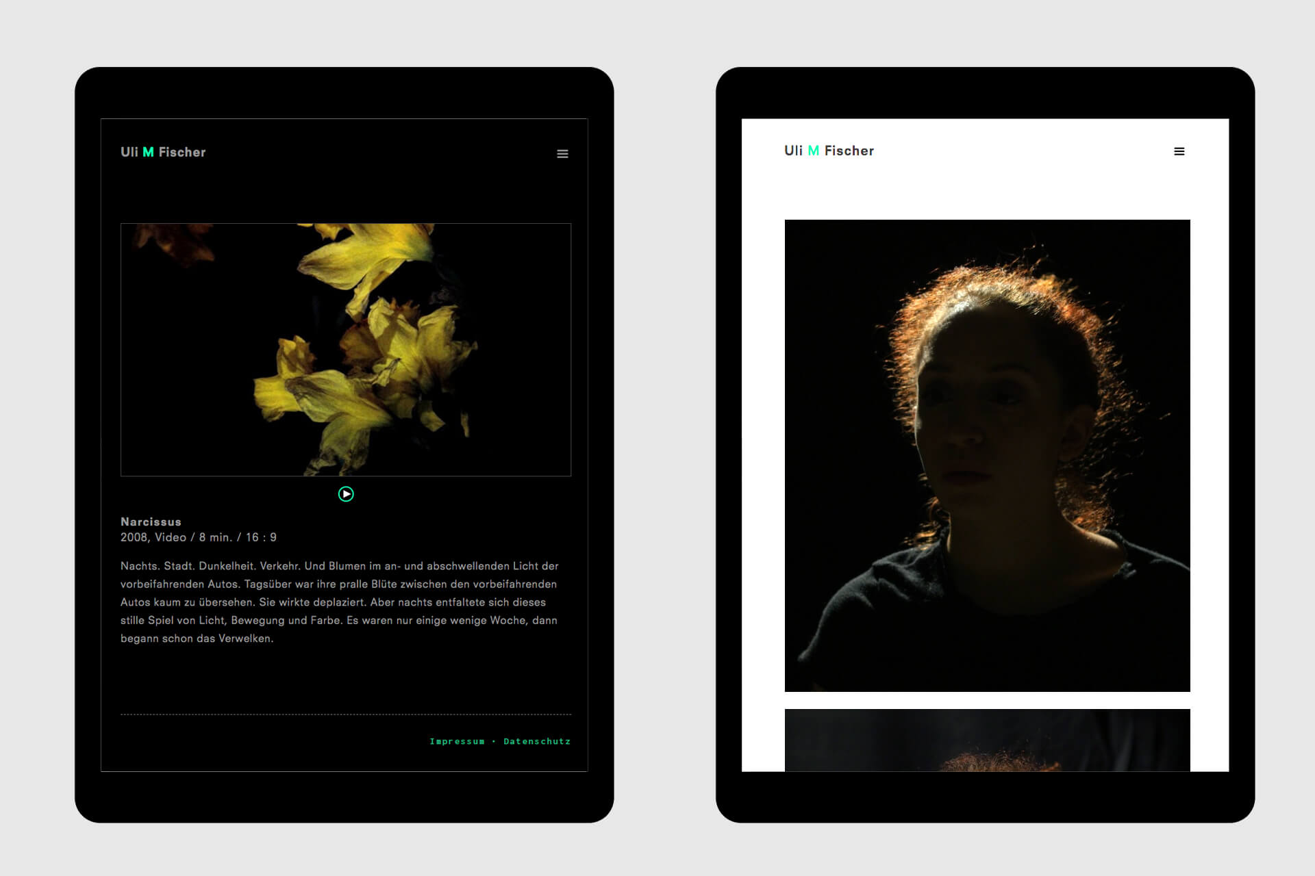 Projektseiten „Narzissus“ und „Clair Obscur“ der Website für Uli M Fischer