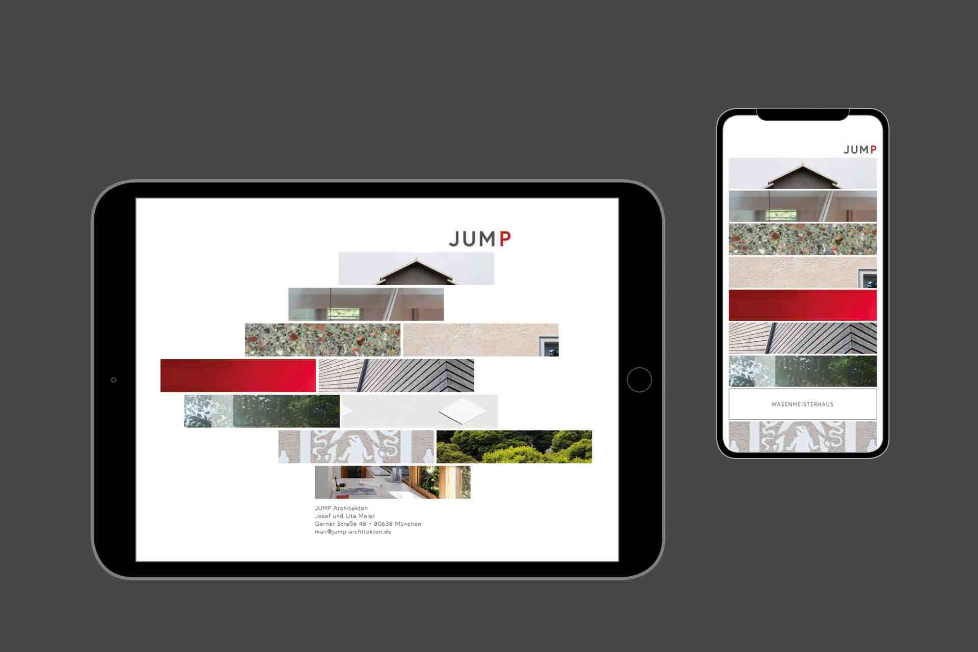 Startseite für jump-architekten.de mit ziegelförmig bzw. horizontal in Streifen angeordneten Projekt-Vorschau-Bildern.