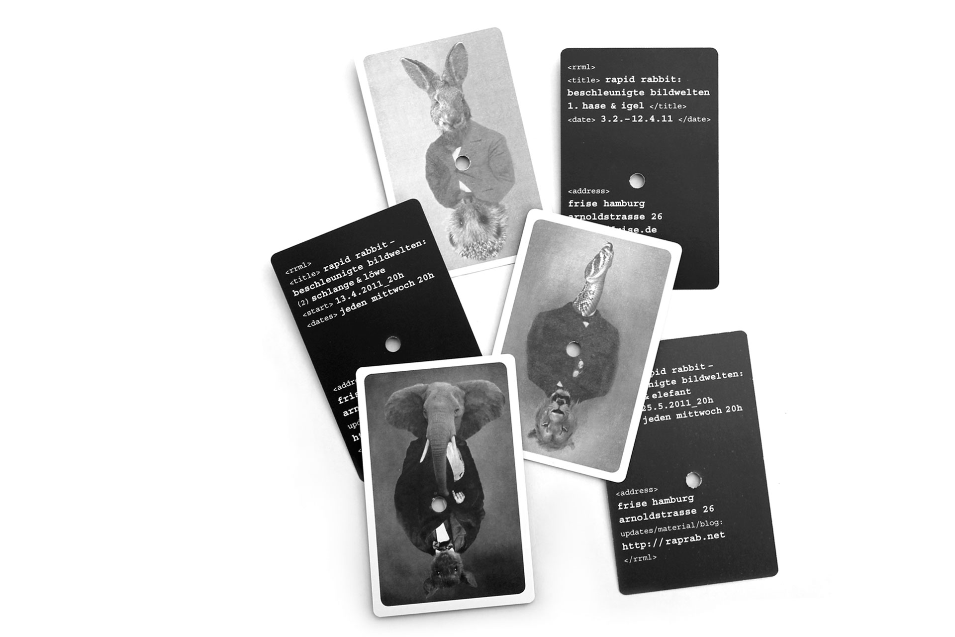 Foto von drei perforierten Einladungskarten im Spielkartenformat mit Tiermotiven von M. Meyer. Rückseiten mit Info-Text auf schwarzem Fond.