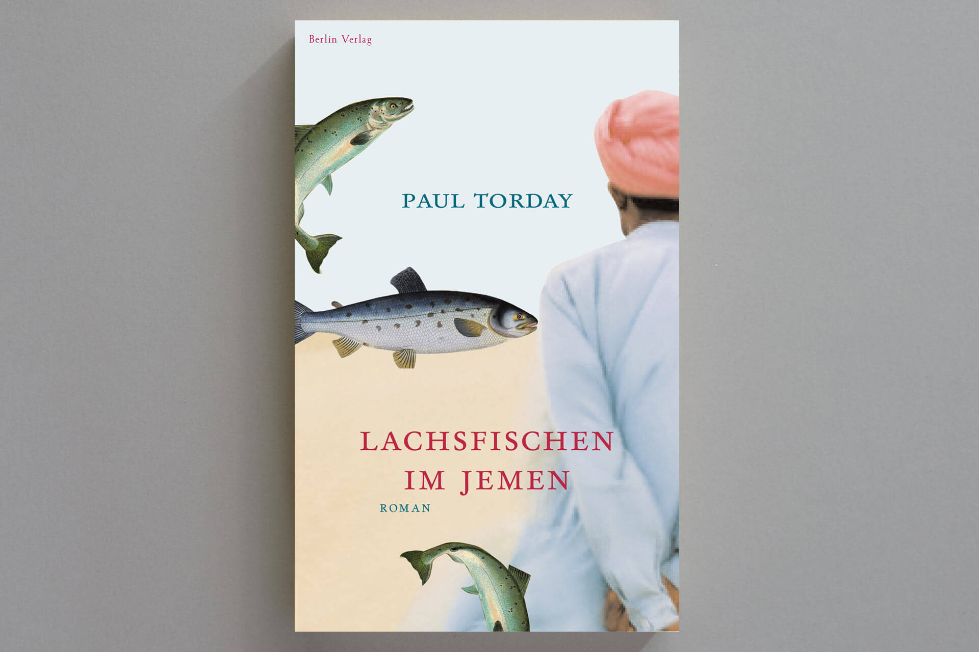 Abbildung einer Buchcover-Gestaltung für das Buch „Lachsfischen im Jemen“ von Paul Torday