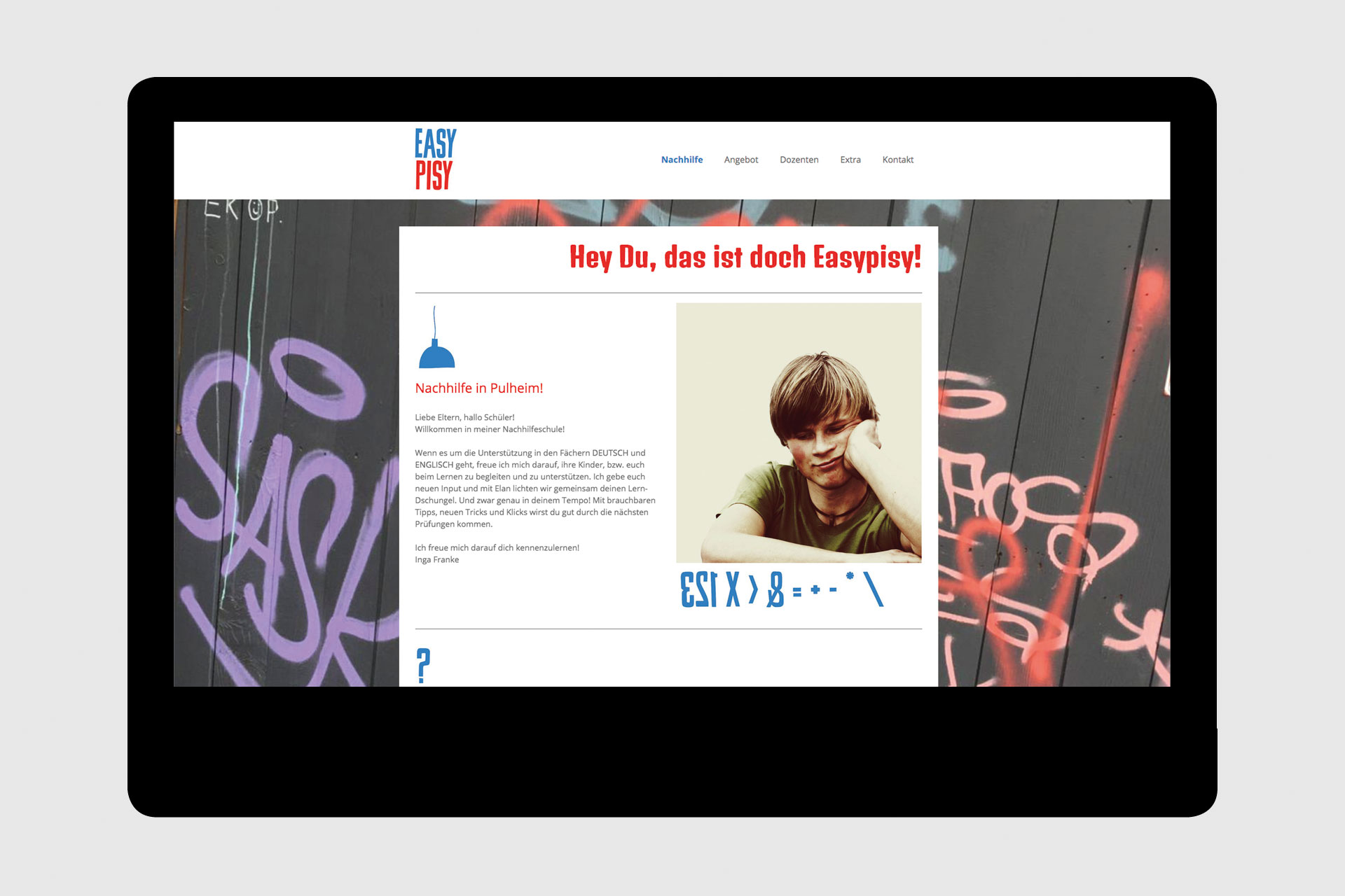 Website: Startseite mit Easy-Pisy-Logo, Graffity-Hintergrundbild, Infotext und Foto eines Jungen
