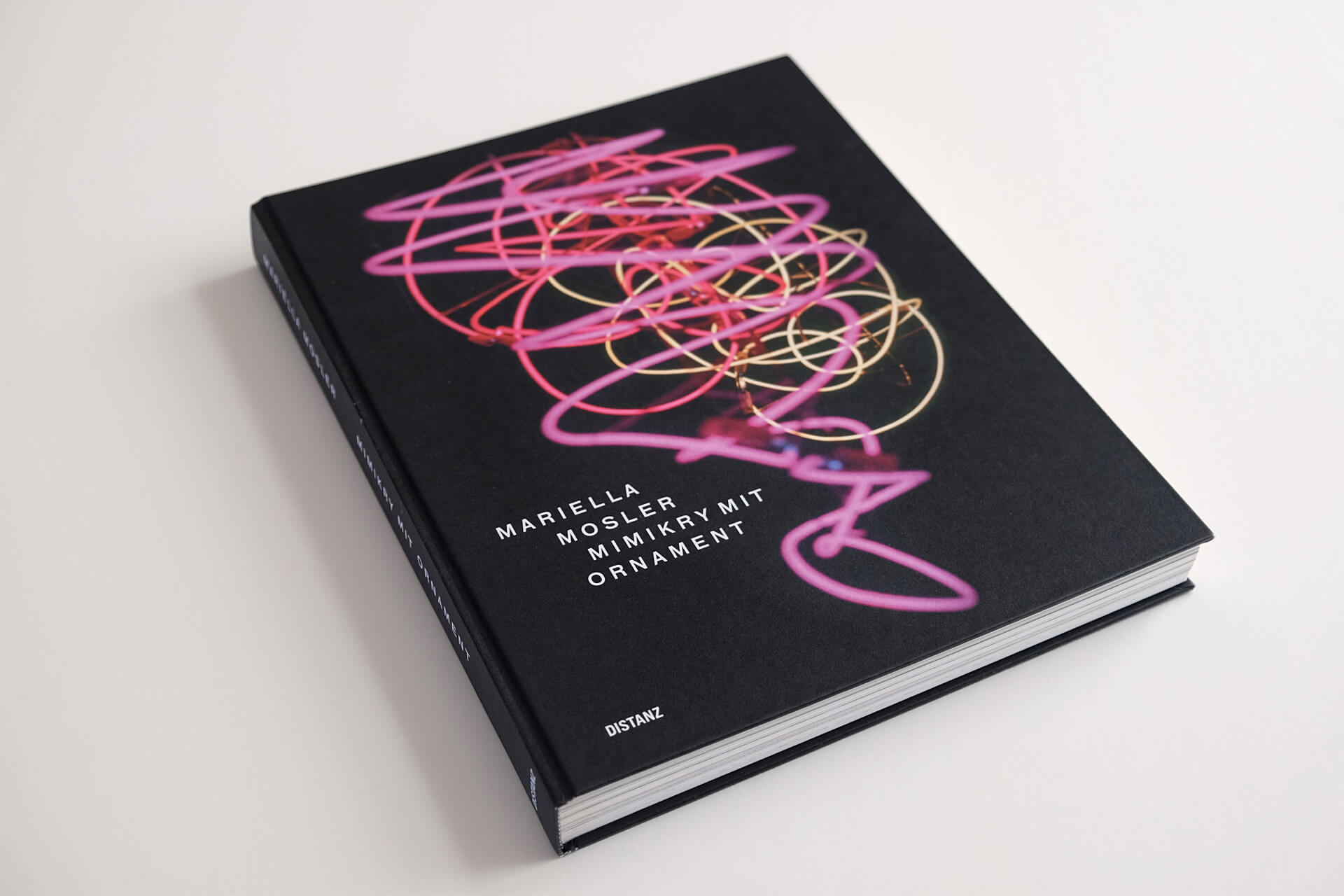 Fotografie des Kunstkatalogs „Mimikry mit Ornament“ für Mariella Mosler. Das Cover zeigt ein „Neon“ auf schwarzem Grund