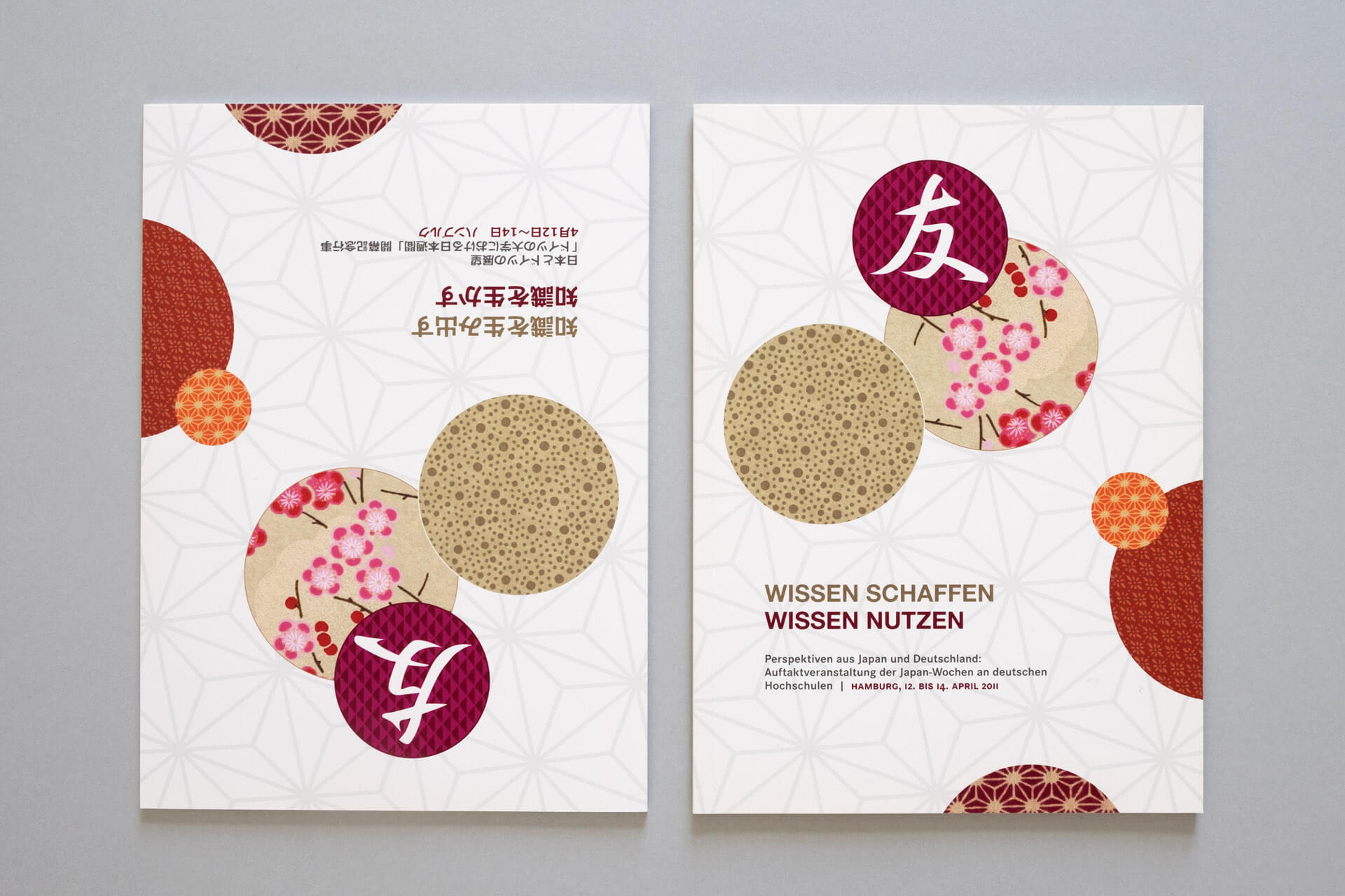 Cover- und Rückseite der Publikation „Wissen schaften – Wissen nutzen“ mit japanischen Ornamenten und Mustern.