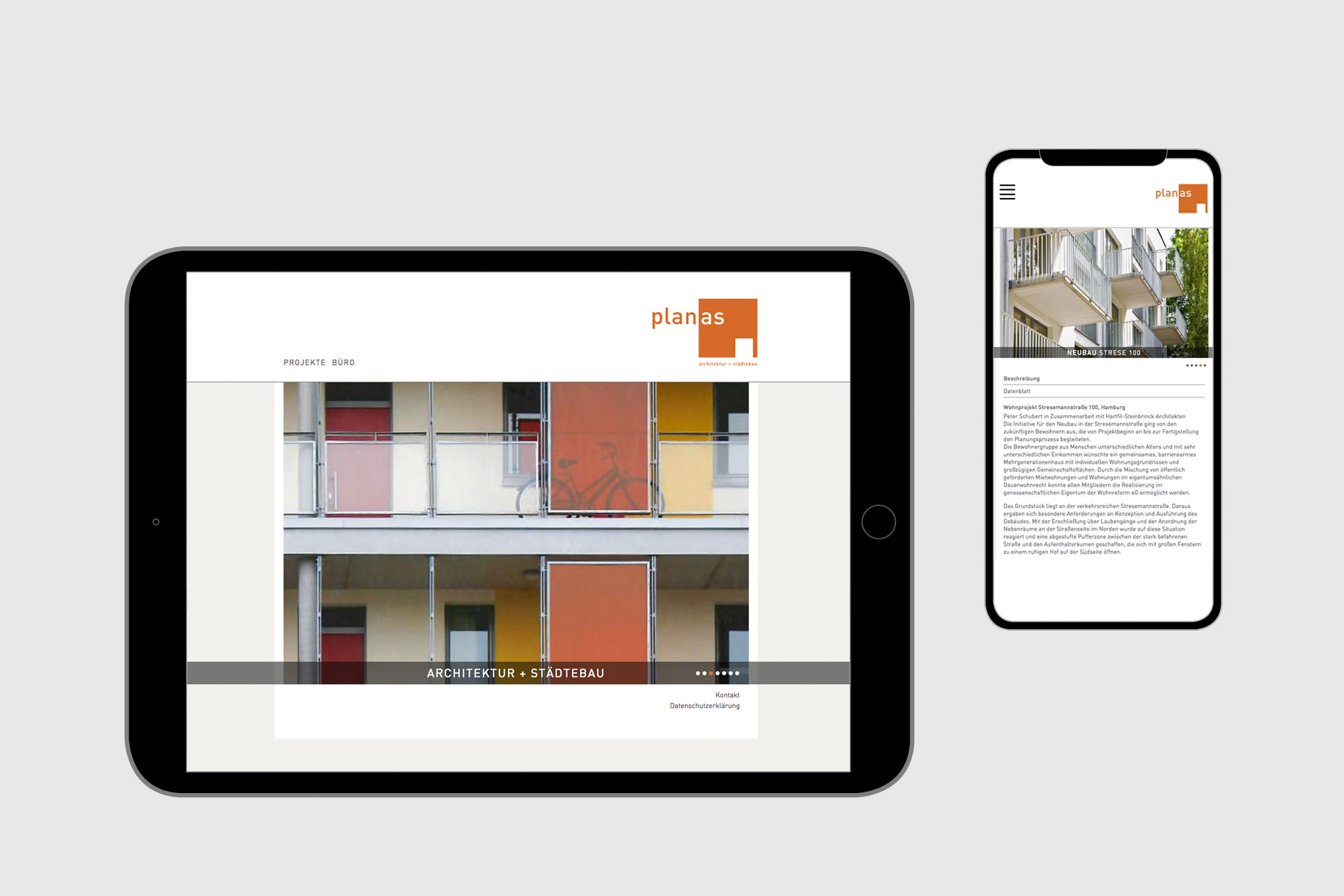 Abbildung der Tablet- und Handyversionen für planas-architekten.de mit ansprechenden Fotos von architektonischen Details.