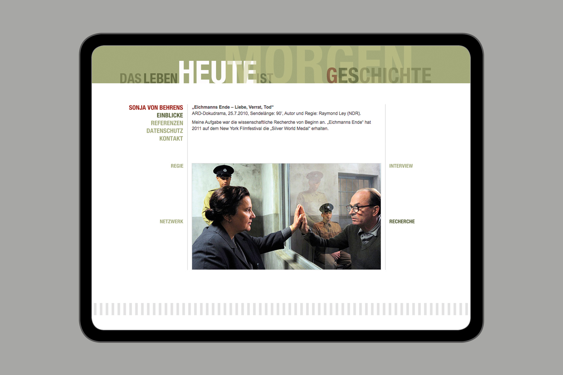 Website für Sonja von Behrens, Projektseite zum ARD-Dokudrama „Eichmanns Ende – Liebe, Verrat, Tod“