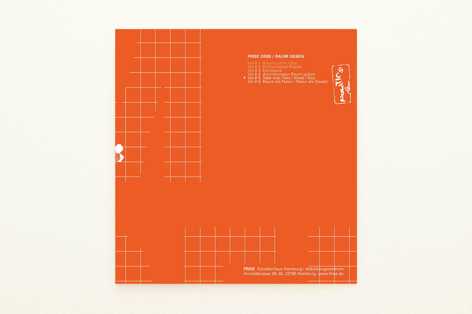 Quadratisches Ausstellungsplakat mit für „Raum Geben“. Einfarbig mit oranger Sonderfarbe gedruckt 