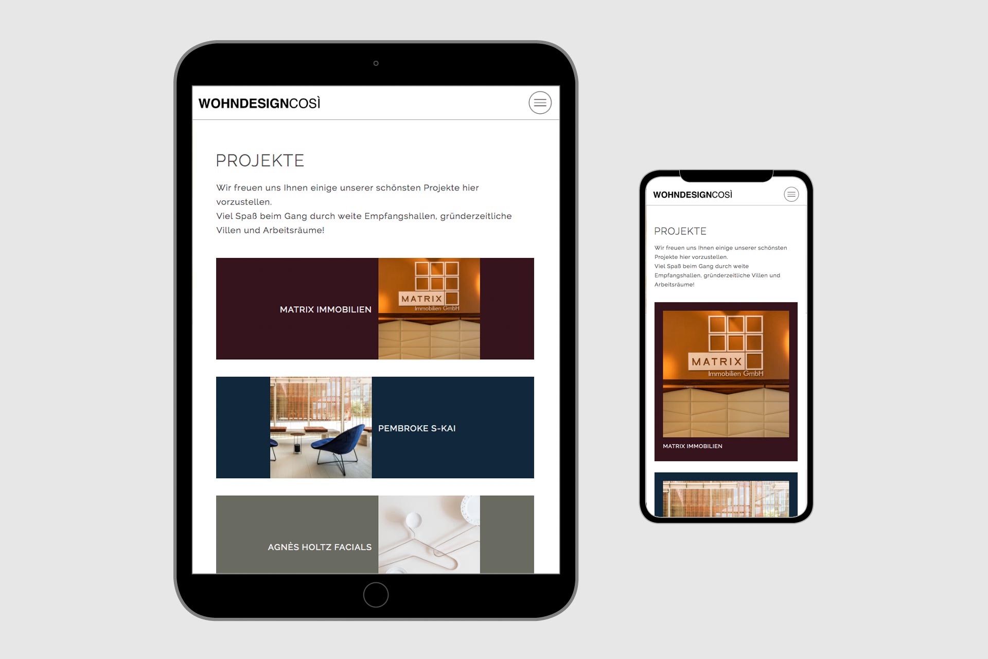 Abbildung einer Projektseite der Website Wohndesign Cosi auf einem Tablet und auf einem Handy