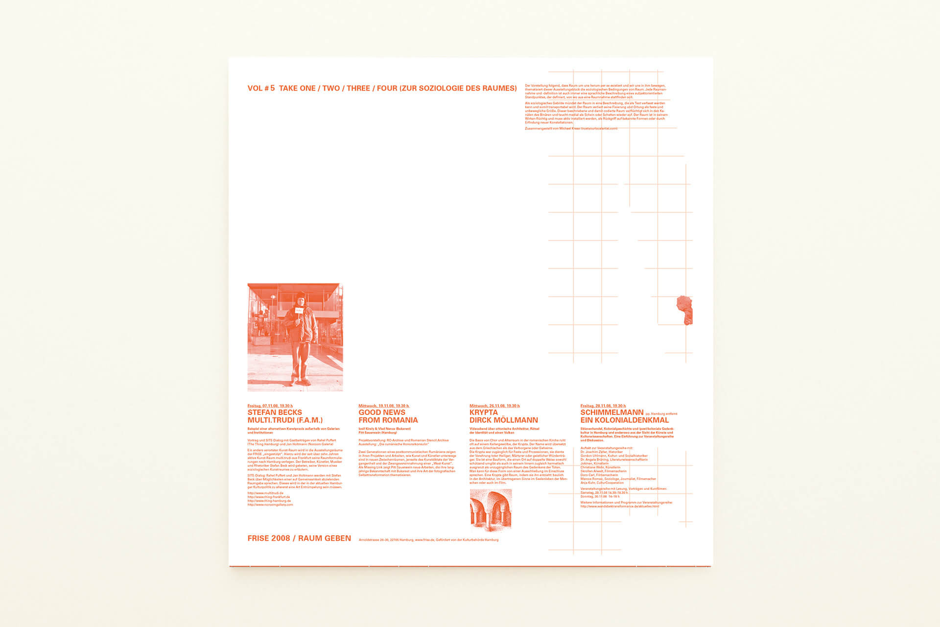 Quadratisches Ausstellungsplakat mit für „Raum Geben“. Einfarbig mit oranger Sonderfarbe gedruckt (Rückseite)