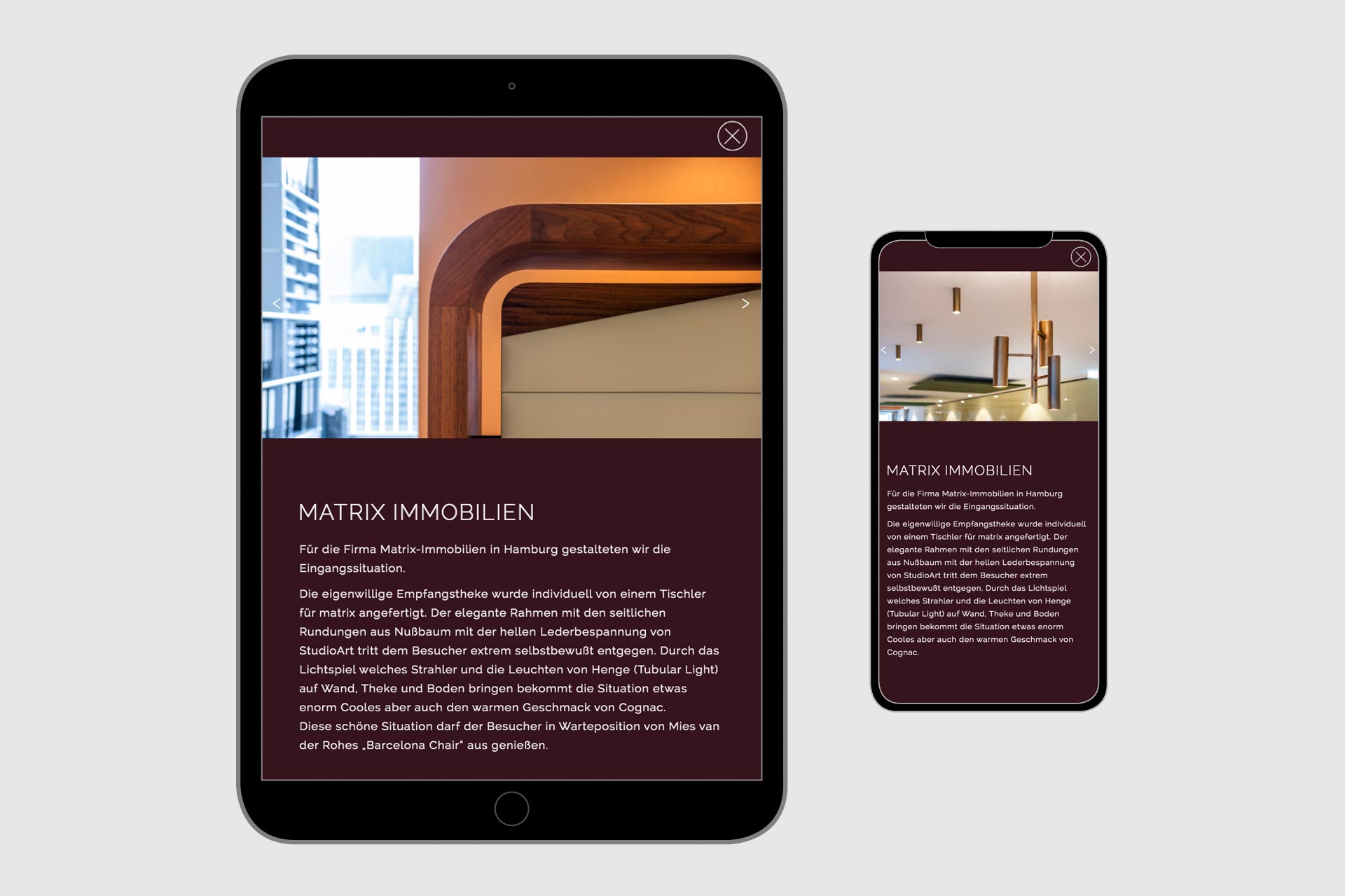 Ansicht derAbbildung einer Projekt-Unterseite der Website Wohndesign Cosi auf einem Tablet und auf einem Handy Projektseite der Website für Wohndesign Cosí. 