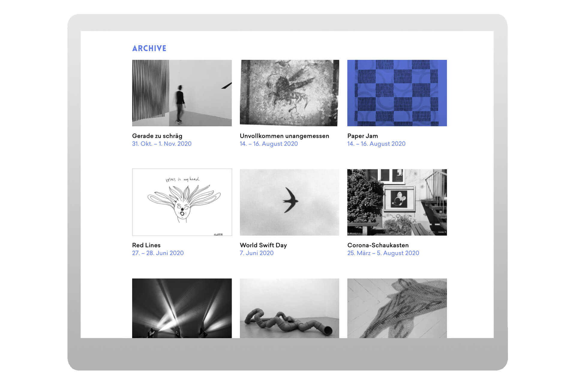 Ansicht der PC-Version der Frise-Website. Unterseite „Archive“ mit Übersichtsraster der Ausstellungen
